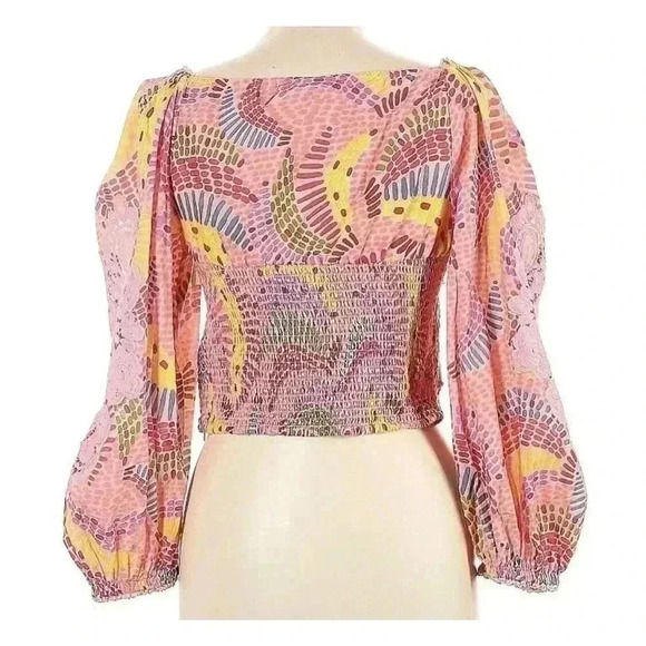 Farm Rio Anthropologie Embroidered Tropical Blouse Bananas L Long Sleeve Shirt - Picture 9 of 9